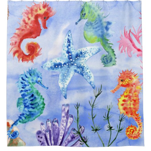 サンゴ模様の海馬とヒトデ シャワーカーテン (正面)