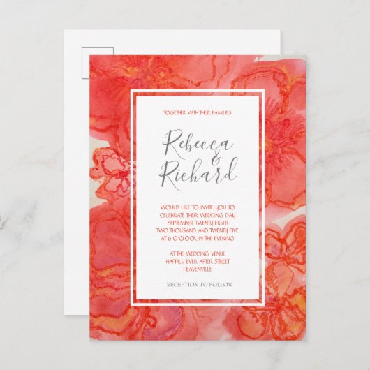 サンゴ水モダン色フローラ結婚式招待状 インビテーションポストカード (正面/裏面)