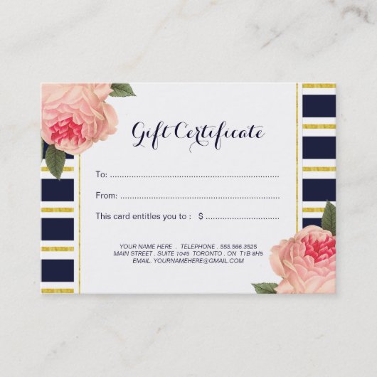 サンゴ牡丹と海軍のストライプ贈り物証明書 割引カード (正面)