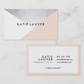 サンゴ白モダン銀フェイク箔カラーブロック 名刺 (正面/裏面)