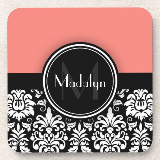 サンゴ白黒ダマスクモノグラムレター コースター (正面)