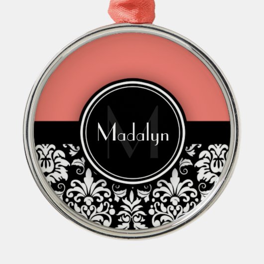 サンゴ白黒ダマスクモノグラムレター メタルオーナメント (正面)