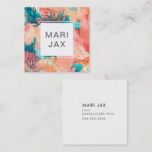 サンゴ礁およびティール(緑がかった色)抽象芸術 スクエア名刺 (正面/裏面)