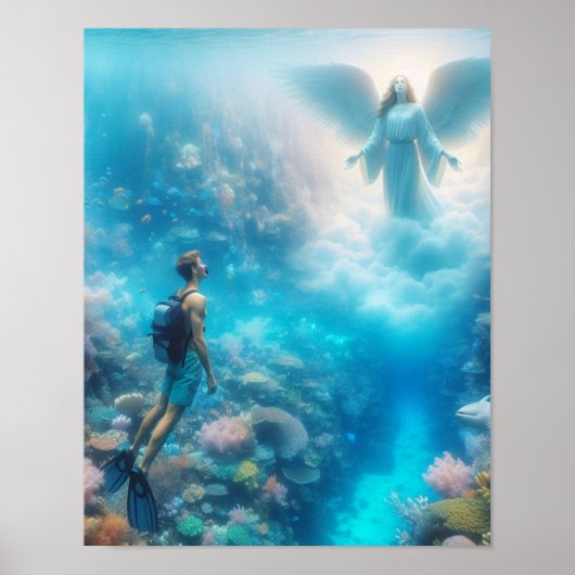 サンゴ礁で天使を見て驚くシュノーケラー ポスター (正面)