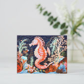 サンゴ礁におけるシーホースのリノカット ポストカード (スタンド正面)