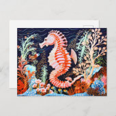 サンゴ礁におけるシーホースのリノカット ポストカード (正面/裏面)