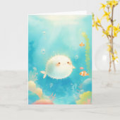 サンゴ礁にひそむかわいいフグ カード (黄色い花)