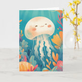 サンゴ礁に浮かぶ明るくカラフルなるクラゲ カード (黄色い花)