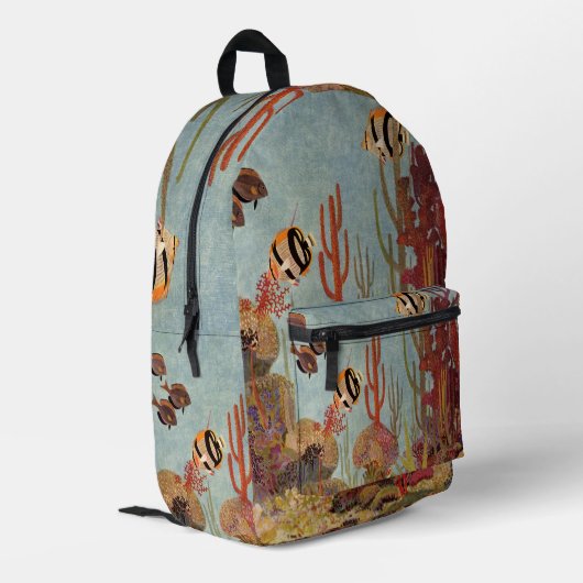 サンゴ礁のエンゼルフィッシュ、ヴィンテージの熱帯魚 プリントバックパック (裏面左端)