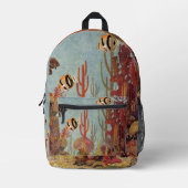 サンゴ礁のエンゼルフィッシュ、ヴィンテージの熱帯魚 プリントバックパック (正面)