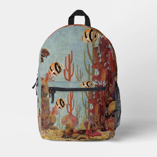 サンゴ礁のエンゼルフィッシュ、ヴィンテージの熱帯魚 プリントバックパック (正面)