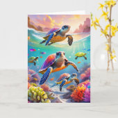 サンゴ礁のカメたち、 5"×7" 折りたたみ式グリーティングカード カード (黄色い花)