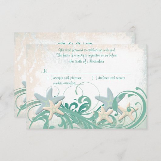 サンゴ礁のビーチまたはリゾートウェディング返信カード 出欠カード (正面/裏面)