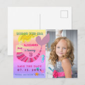 サンゴ礁のピンクの人魚の誕生日 セーブ・ザ・デート 案内ポストカード (正面/裏面)