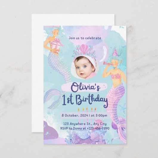 サンゴ礁のファーストバースデー 招待状 (正面/裏面)