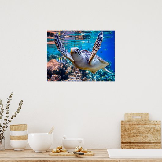 サンゴ礁の上を泳ぐグリーンウミガメ |ハワイ ポスター (キッチン)