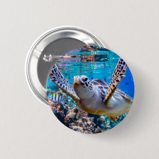 サンゴ礁の上を泳ぐグリーンウミガメ |ハワイ 缶バッジ (正面&裏面)