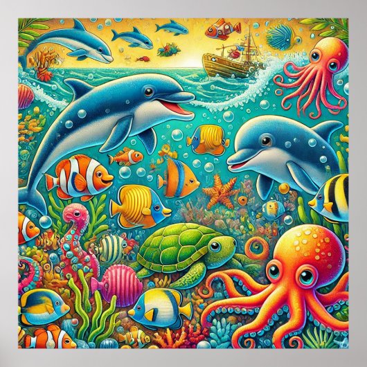 サンゴ礁の壁掛けアート – 色とどろく海洋生物のいる保育園 ポスター (正面)