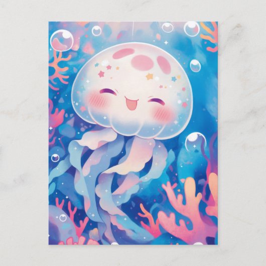 サンゴ礁の星と泡に囲まれたクラゲ ポストカード (正面)