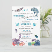 サンゴ礁の海で、イルカの誕生日おめでとう！海亀も一緒にお祝いしよう！ 招待状 (スタンド正面)