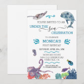 サンゴ礁の海で、イルカの誕生日おめでとう！海亀も一緒にお祝いしよう！ 招待状 (正面/裏面)