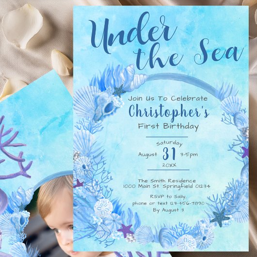 サンゴ礁の海のプレパーティ　ブルーボーイの１歳の誕生日 招待状