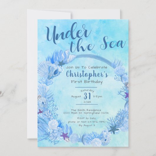 サンゴ礁の海のプレパーティ　ブルーボーイの１歳の誕生日 招待状 (正面)