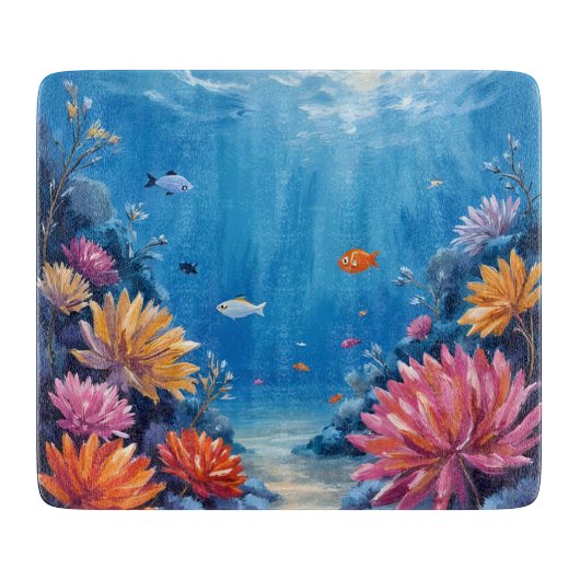 サンゴ礁の海底 海の絵画 カッティングボード (正面)