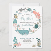 サンゴ礁の海　青い水彩　ベイビーシャワーのQRコード 招待状 (正面)