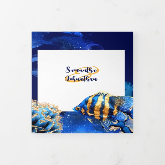 サンゴ礁の魚の熱帯性の青いオレンジの沿岸シック 三つ折り招待状 (カバー)