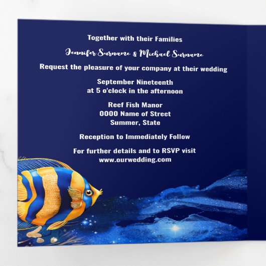サンゴ礁の魚の熱帯性の青いオレンジの沿岸シック 三つ折り招待状 (内部最初)