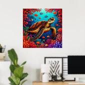 🐢 サンゴ礁を泳ぐウミガメの壁掛けアート 🌊 ポスター (ホームオフィス)