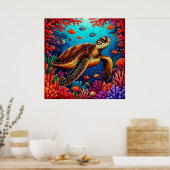 🐢 サンゴ礁を泳ぐウミガメの壁掛けアート 🌊 ポスター (キッチン)