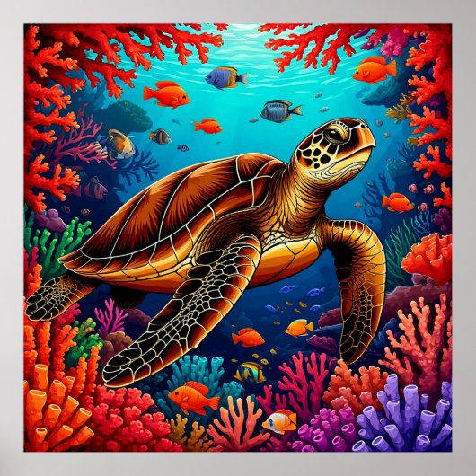 🐢 サンゴ礁を泳ぐウミガメの壁掛けアート 🌊 ポスター (正面)