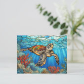 サンゴ礁を泳ぐステンドグラスの海亀 ポストカード (スタンド正面)