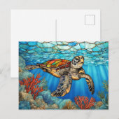 サンゴ礁を泳ぐステンドグラスの海亀 ポストカード (正面/裏面)