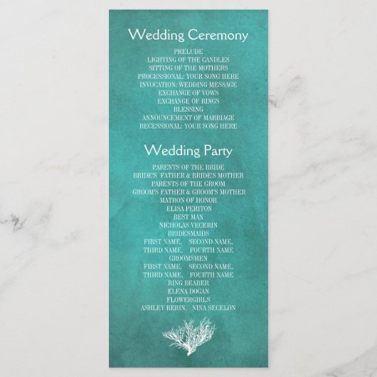 サンゴ礁ティール（緑がかった色）クラフト紙ビーチ結婚式プログラム プログラム (裏面)
