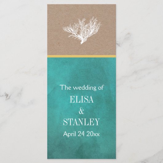 サンゴ礁ティール(緑がかった色)クラフト紙ビーチ結婚式プログラム プログラム (正面)