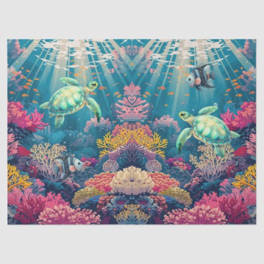 サンゴ礁、ウミガメと魚のデコパージュ 薄葉紙 (正面)