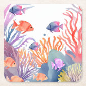 サンゴ礁 | 水彩のカラフルな魚の海 スクエアペーパーコースター (正面)