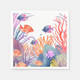 サンゴ礁 | 水彩のカラフルな魚の海 スタンダードカクテルナプキン