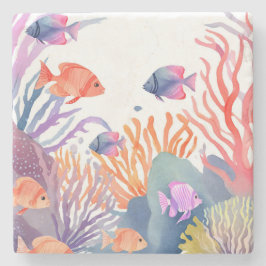 サンゴ礁 | 水彩画のカラフルな魚の海 ストーンコースター