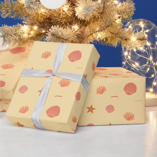 サンゴ礁 貝殻 ヒトデ シームレス パターン ラッピングペーパー (クリスマス)