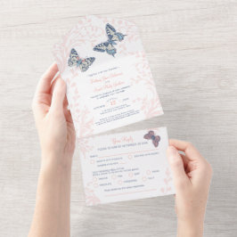 サンゴ結婚の蝶が渦巻く食事RSVP オールインワン招待状
