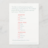 サンゴ結婚ピンクの花のカスケード食事オプション エンクロージャーカード (裏面)