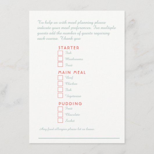 サンゴ結婚ピンクの花のカスケード食事オプション エンクロージャーカード (裏面)