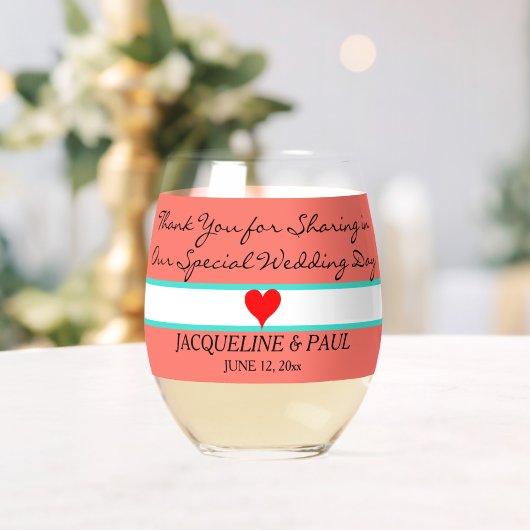 サンゴ結婚式の引き出物モノグラム赤いハート ステムなしワイングラス (インサイチュ (ウェディング))