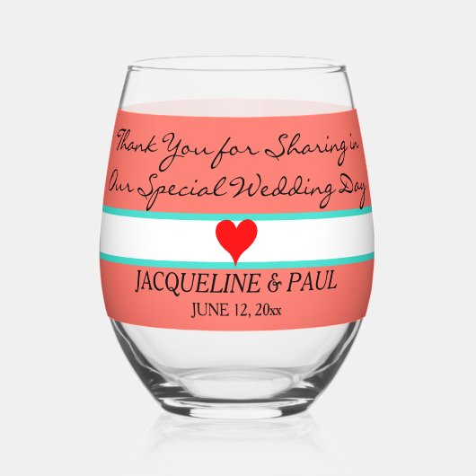 サンゴ結婚式の引き出物モノグラム赤いハート ステムなしワイングラス (正面)