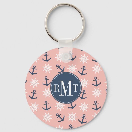 サンゴ航海のネイビーブルーいかりとホイールパターン キーホルダー (正面)