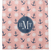 サンゴ航海のネイビーブルーいかりとホイールパターン シャワーカーテン (正面)